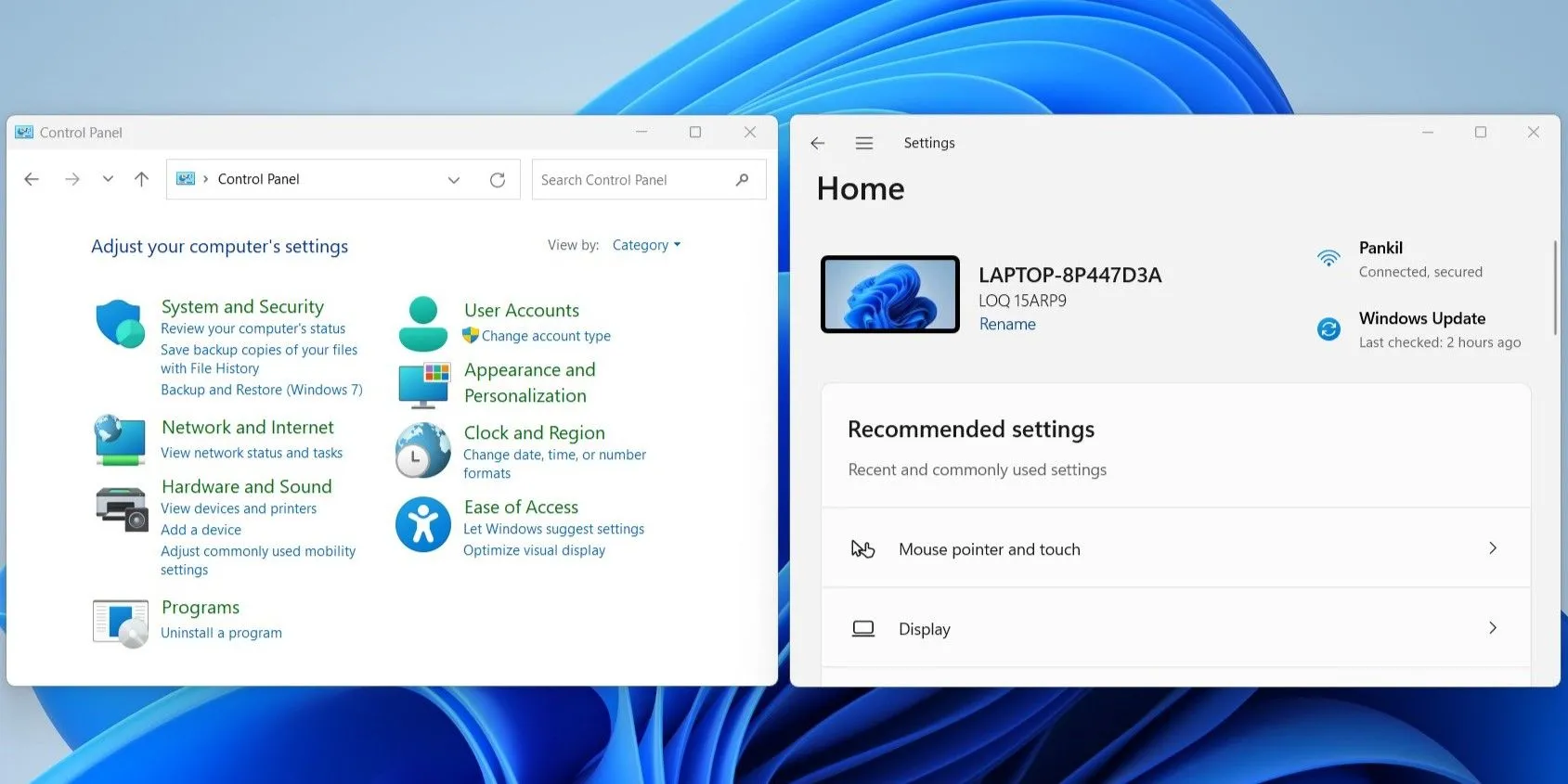 Giao diện ứng dụng Cài đặt (Settings) và Bảng điều khiển (Control Panel) của Windows 11 đặt cạnh nhau thể hiện sự song song tồn tại.