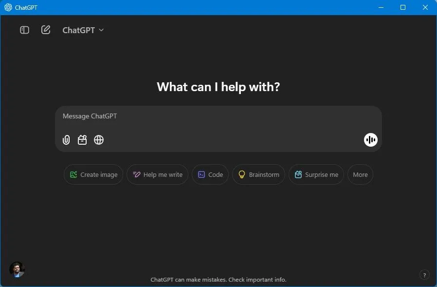 Giao diện ứng dụng ChatGPT trên Windows 11, hiển thị thanh lịch sử trò chuyện và các tùy chọn công cụ AI.