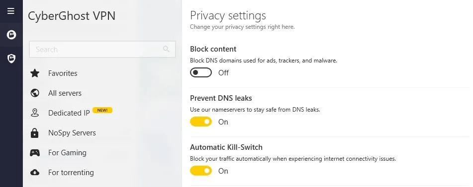 Giao diện ứng dụng CyberGhost VPN với tính năng Kill Switch được kích hoạt, đảm bảo bảo mật kết nối.