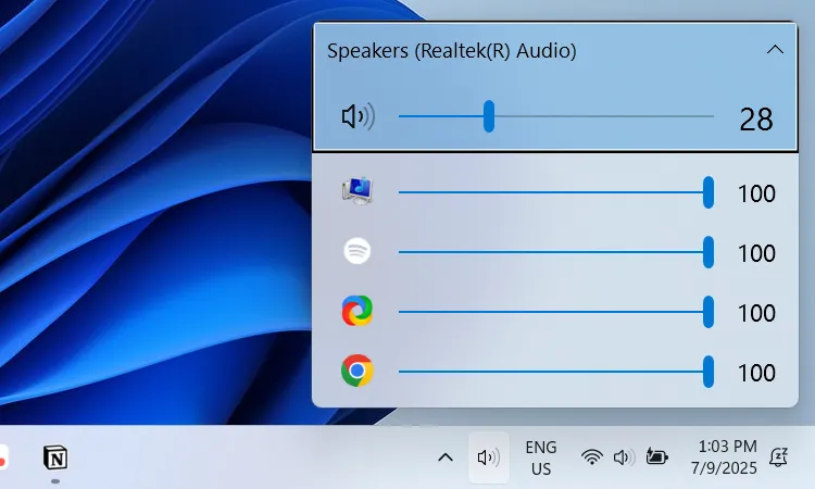 Giao diện ứng dụng EarTrumpet trên Windows 11 giúp quản lý âm lượng chi tiết.