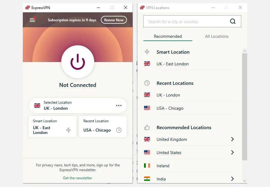 Giao diện ứng dụng ExpressVPN với danh sách vị trí máy chủ, minh họa việc bật VPN để bảo vệ eSIM và địa chỉ IP