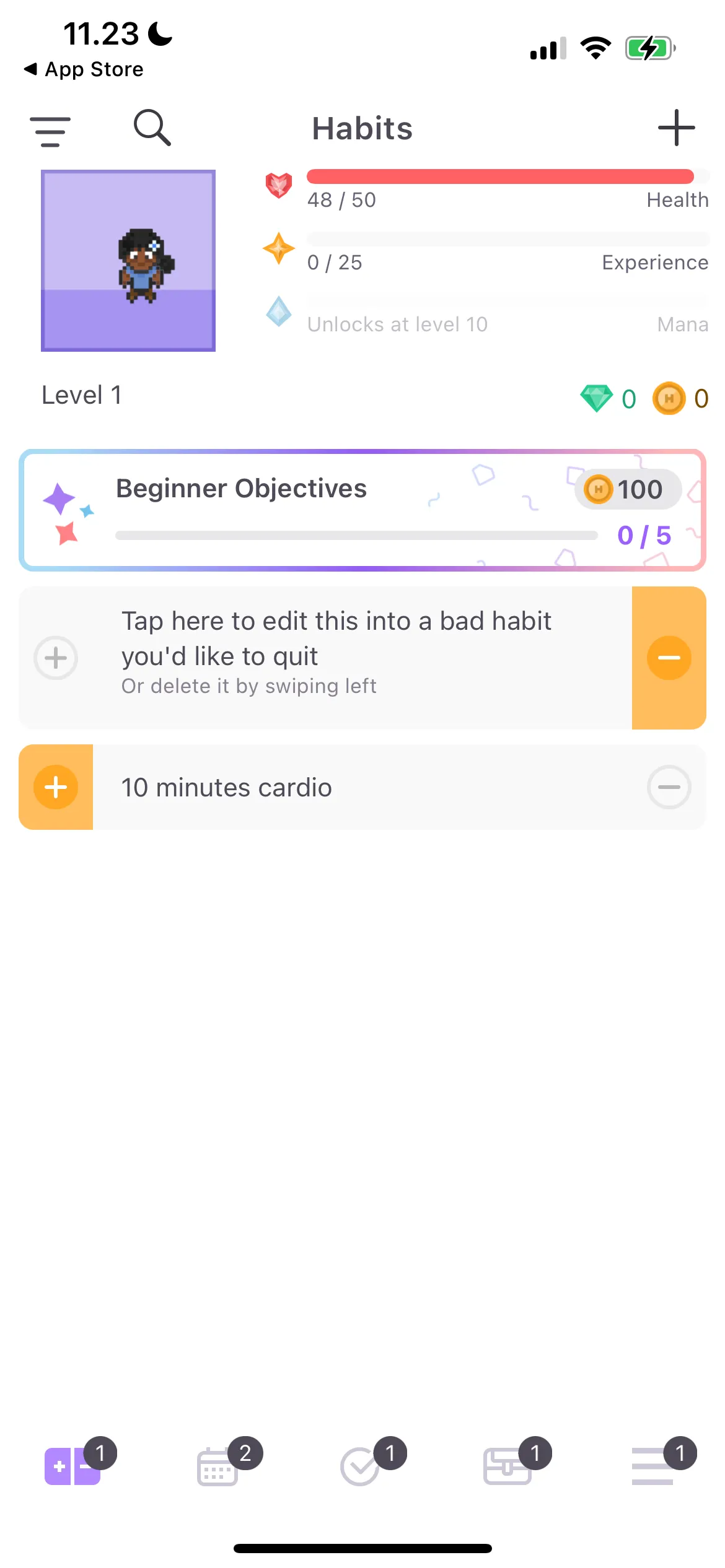 Giao diện ứng dụng Habitica với các nhiệm vụ, thói quen và vật phẩm nhân vật RPG