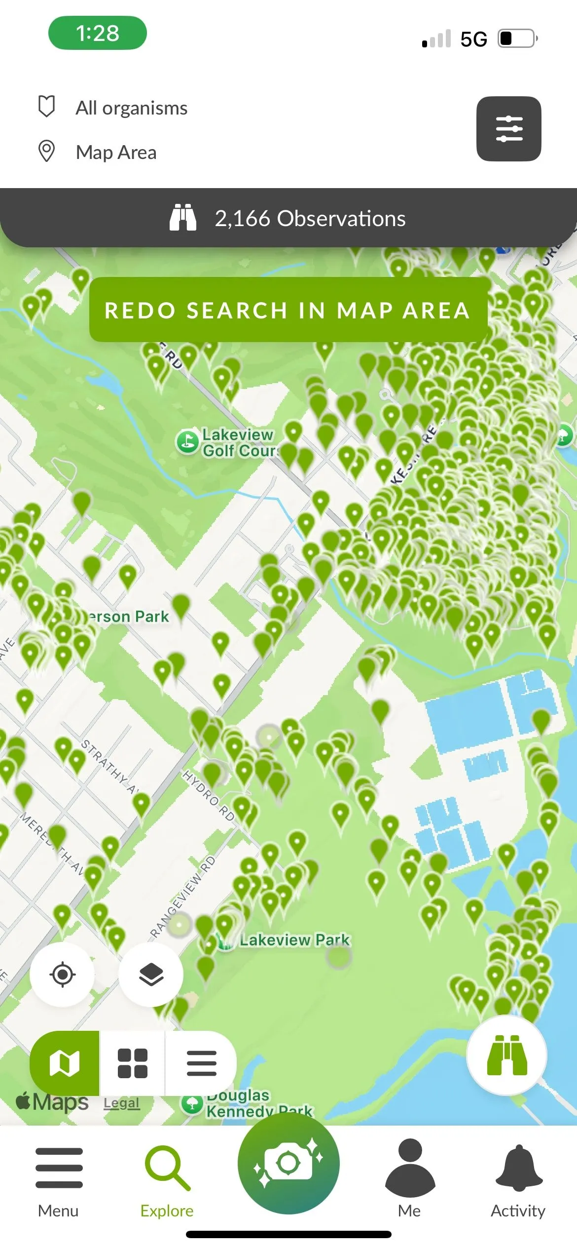 Giao diện ứng dụng iNaturalist giúp người dùng tìm kiếm và định vị các điểm nóng động vật hoang dã.