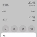 Giao diện ứng dụng Máy tính Samsung cho phép tính phần trăm tiền tip và chia hóa đơn nhanh chóng