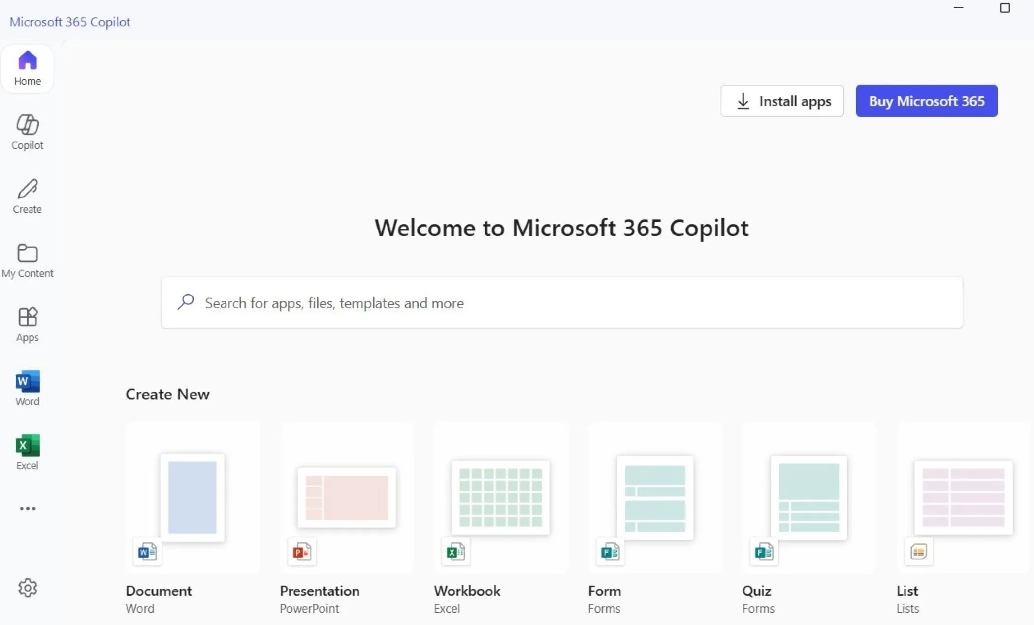 Giao diện ứng dụng Microsoft 365 Copilot hỗ trợ AI