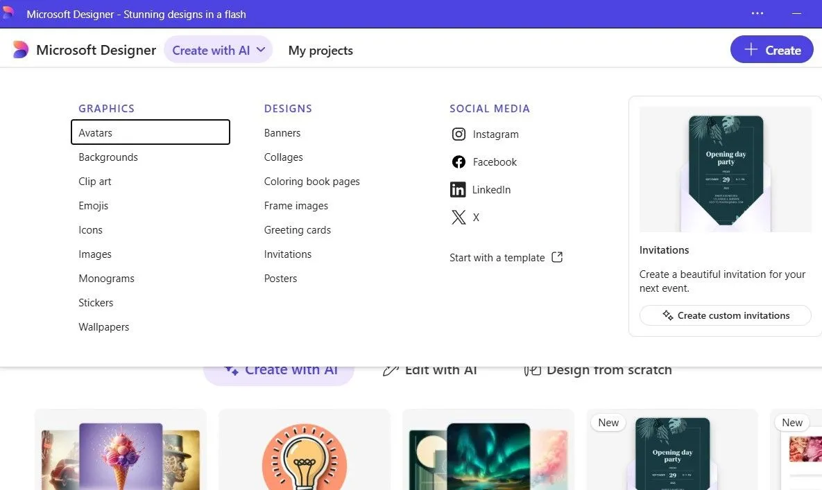 Giao diện ứng dụng Microsoft Designer với tùy chọn &quot;Create with AI&quot; để tạo thiết kế thông minh