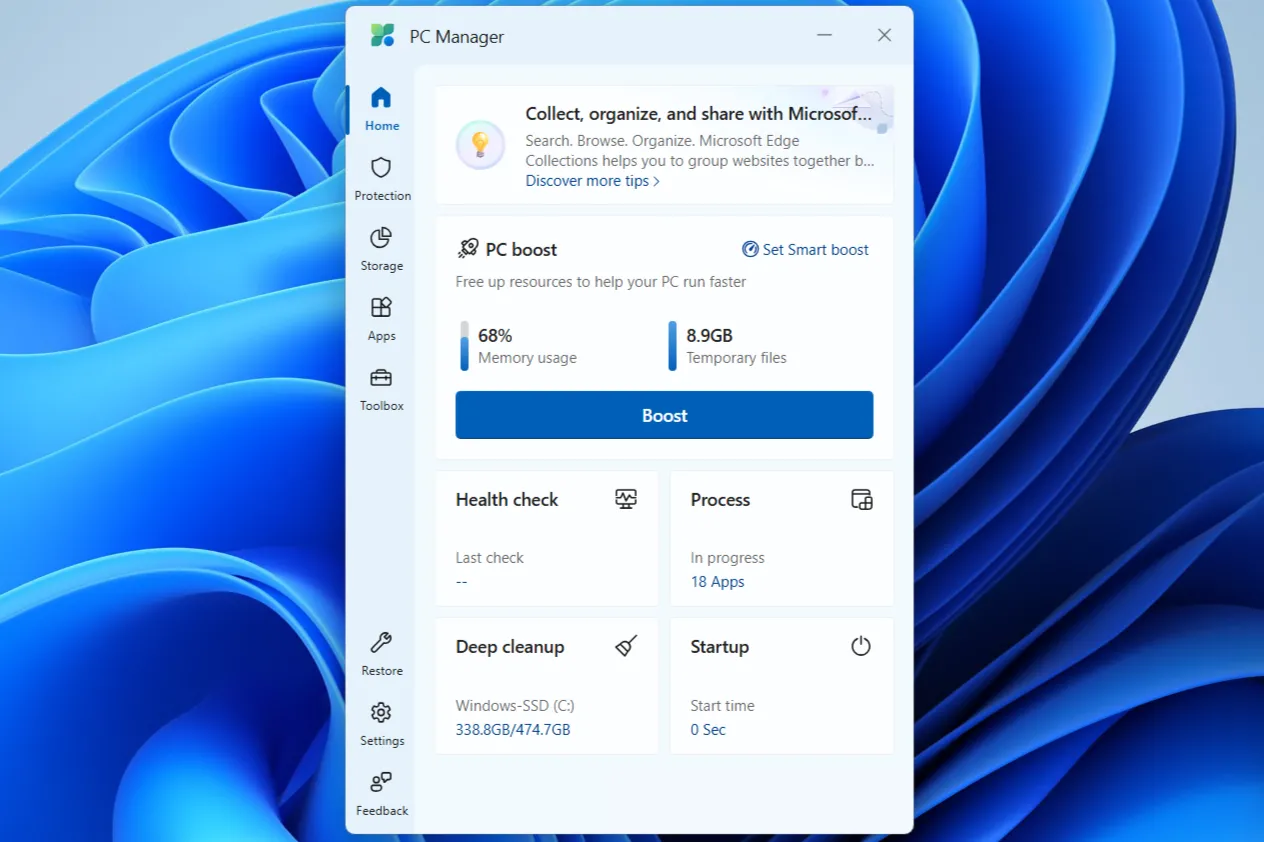 Giao diện ứng dụng Microsoft PC Manager với tùy chọn &quot;Boost&quot; để tối ưu hiệu năng tức thì