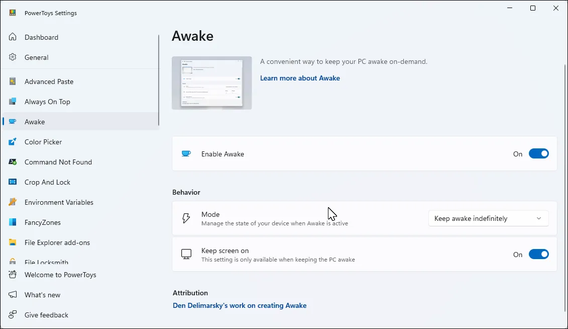 Giao diện ứng dụng Microsoft PowerToys trên Windows 11 với tính năng Awake đang bật