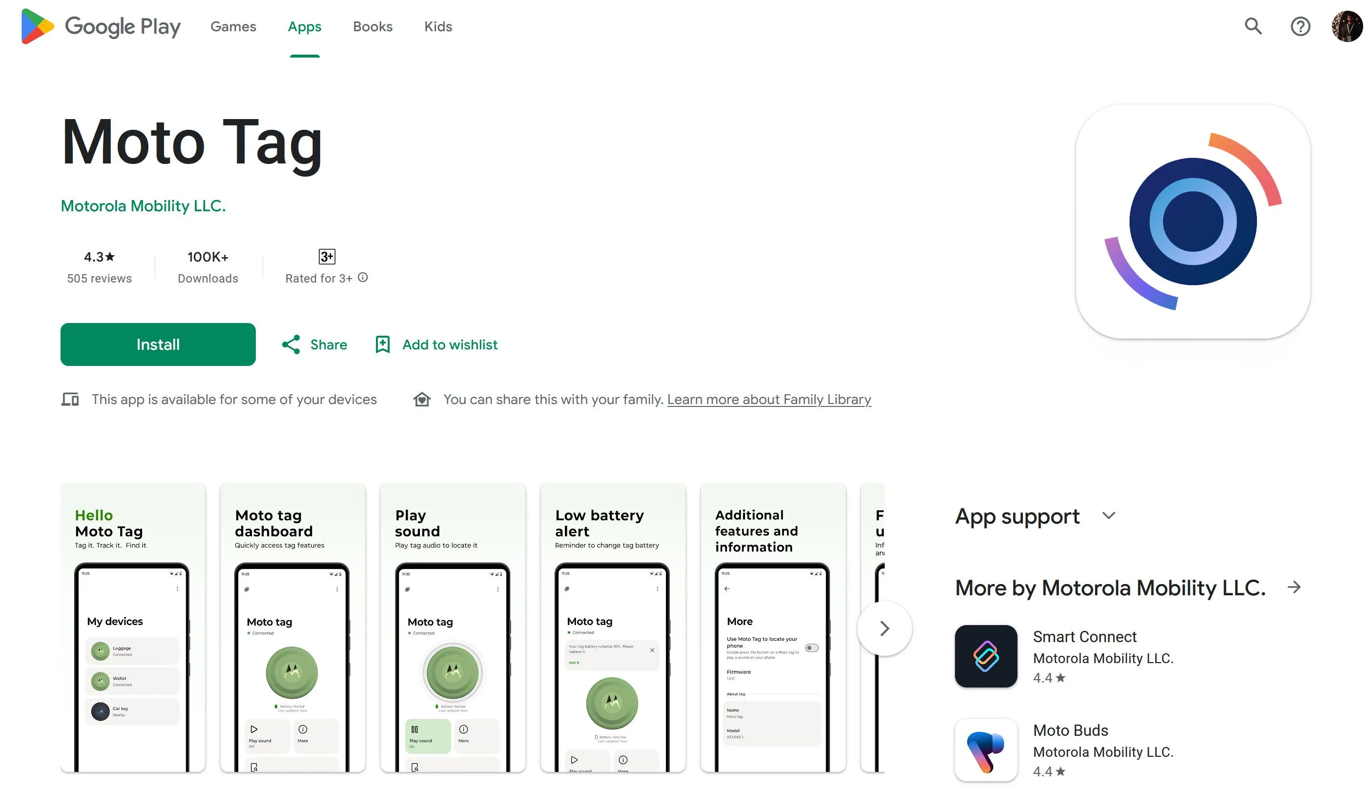 Giao diện ứng dụng Moto Tag trên Google Play Store, cần cập nhật để bật tính năng UWB