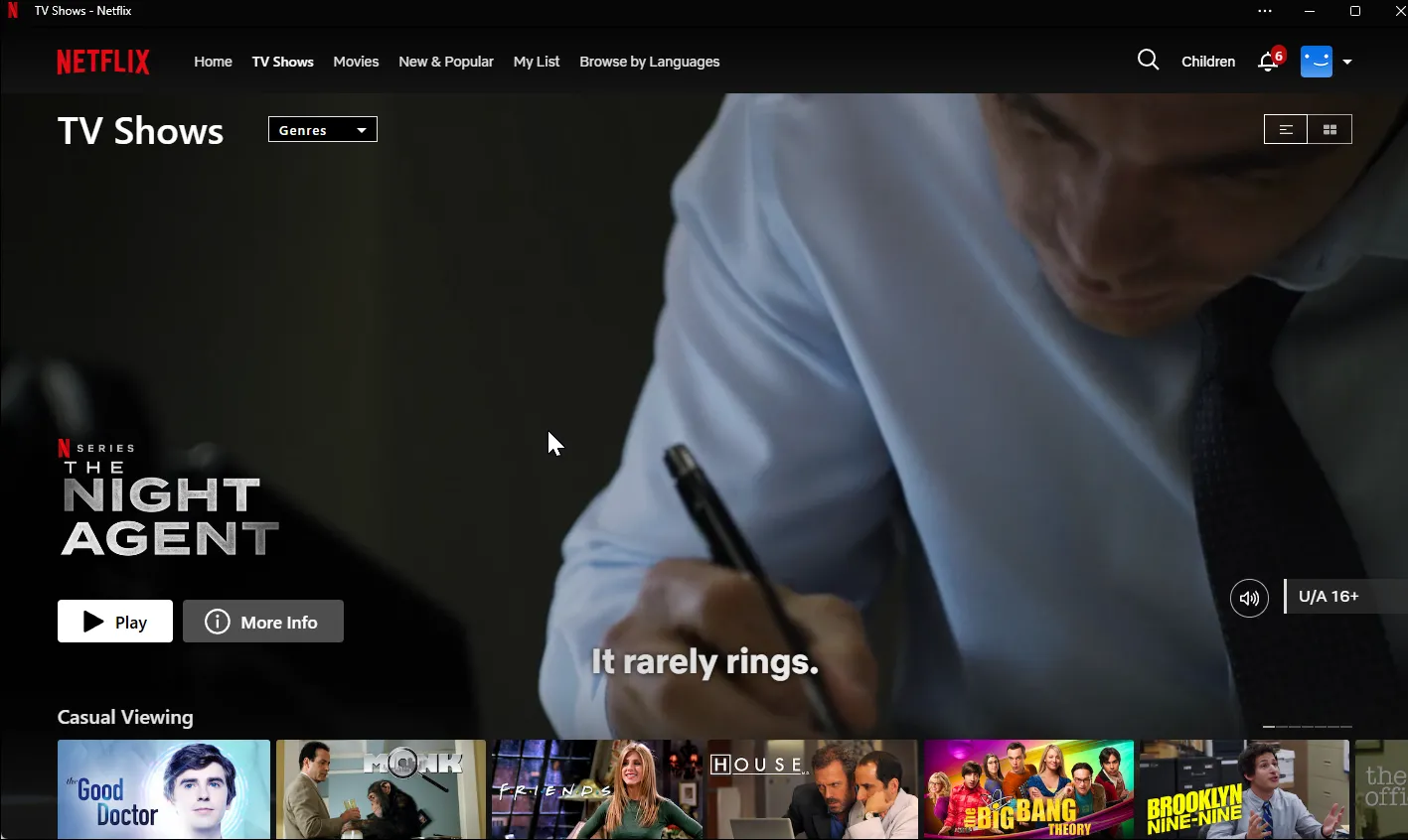 Giao diện ứng dụng Netflix trên Windows 11 với các bộ phim và chương trình truyền hình