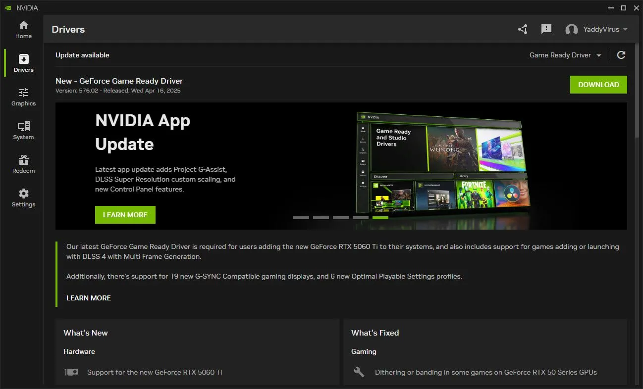 Giao diện ứng dụng Nvidia GeForce Experience hiển thị cập nhật driver 576.02 tăng hiệu suất