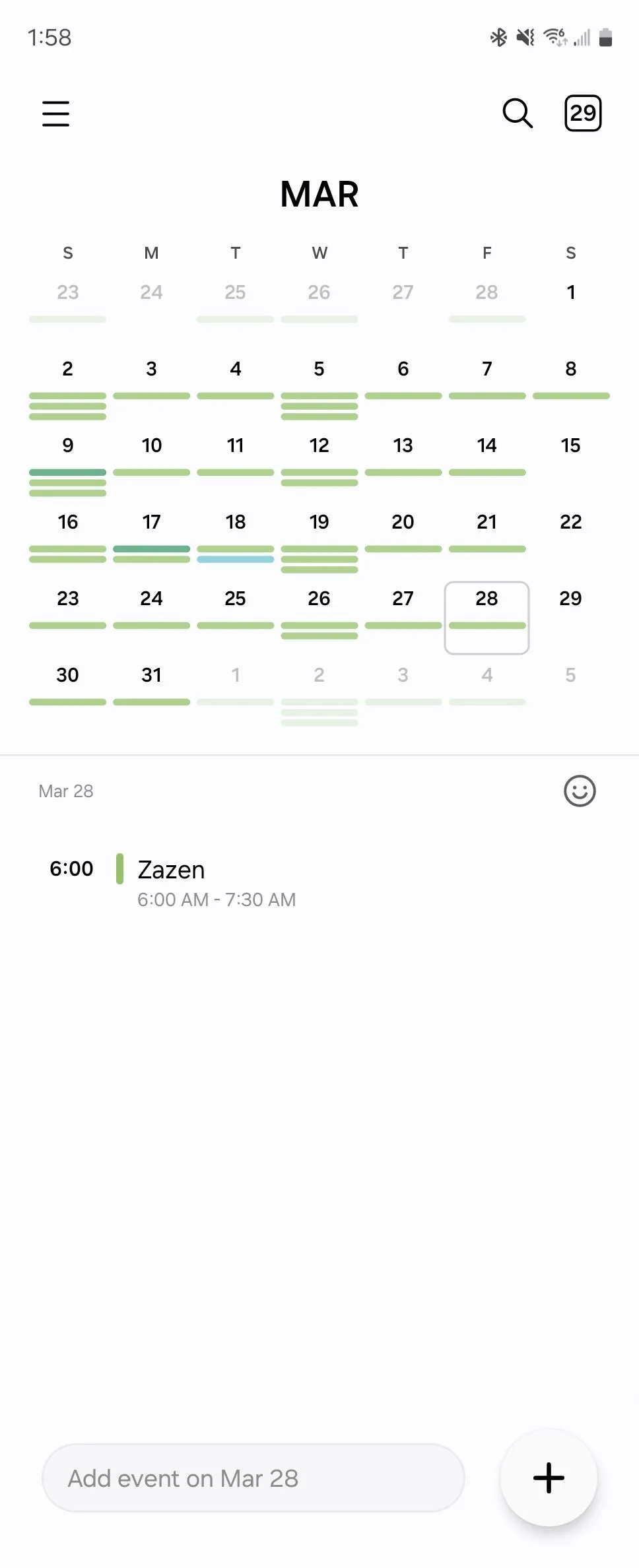 Giao diện ứng dụng Samsung Calendar với trường nhập liệu nhanh ở cuối màn hình, giúp tạo sự kiện dễ dàng.