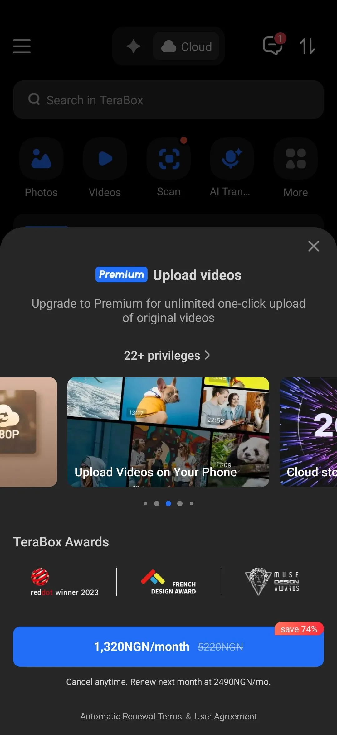 Giao diện ứng dụng TeraBox trên di động hiển thị thông báo hoặc lựa chọn tải video bị vô hiệu hóa cho tài khoản miễn phí, minh họa giới hạn tải lên video.