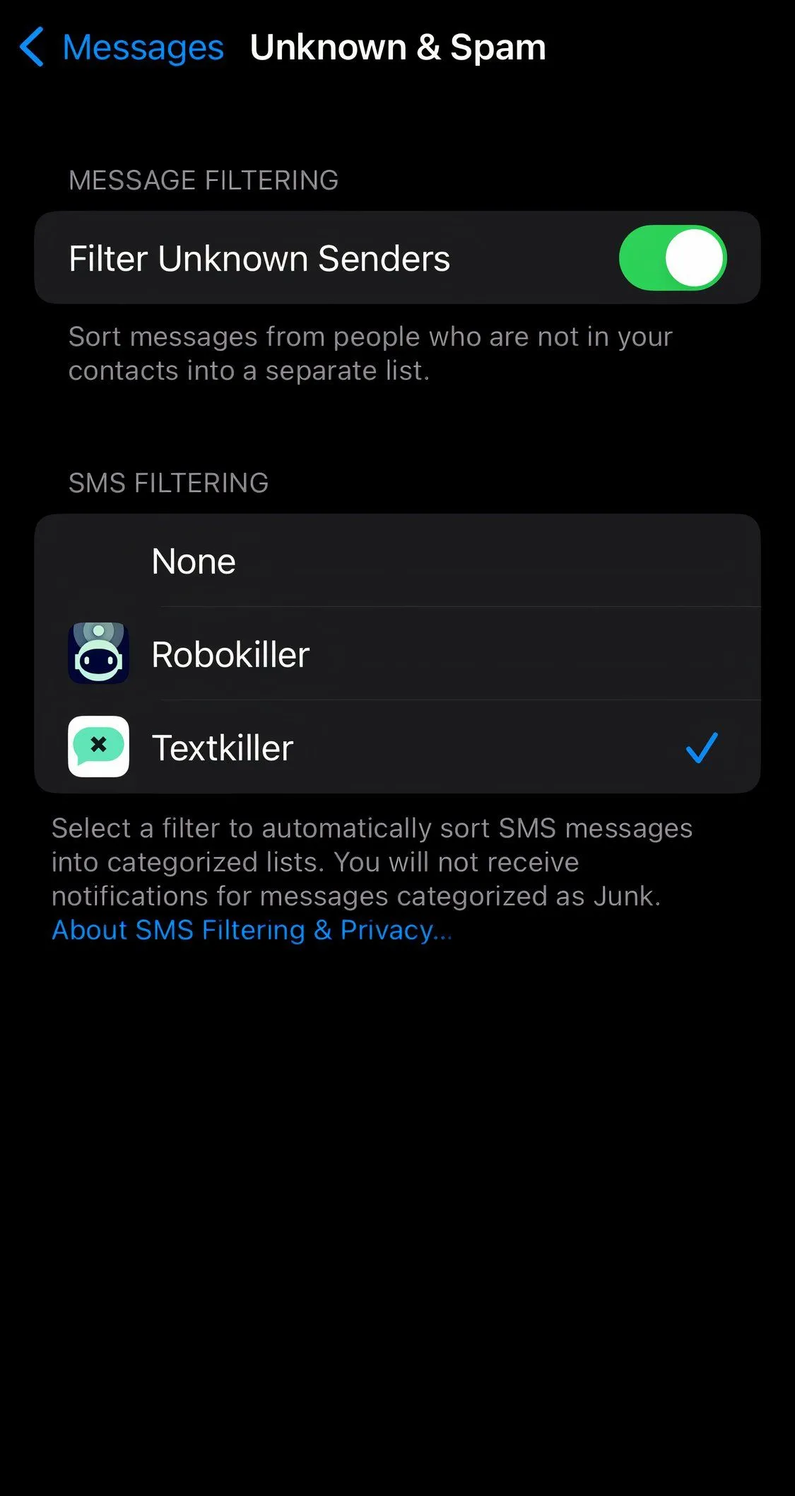Giao diện ứng dụng TextKiller giúp chặn tin nhắn rác và smishing