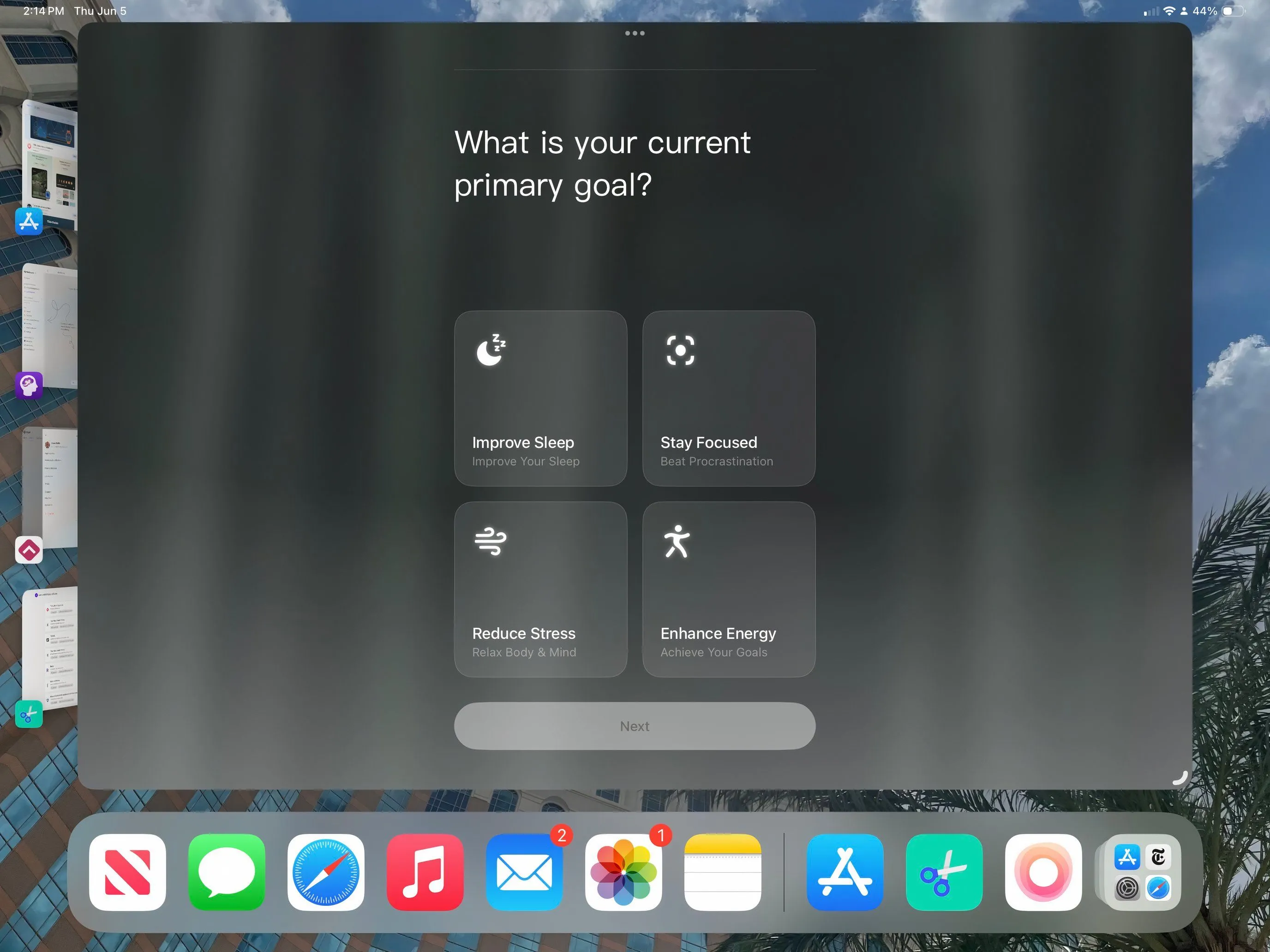 Giao diện ứng dụng TIDE trên iPad với các tùy chọn thiền và âm thanh