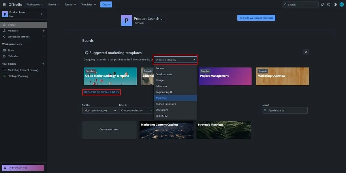 Giao diện ứng dụng Trello hướng dẫn cách tạo bảng dự án mới từ mẫu sẵn có