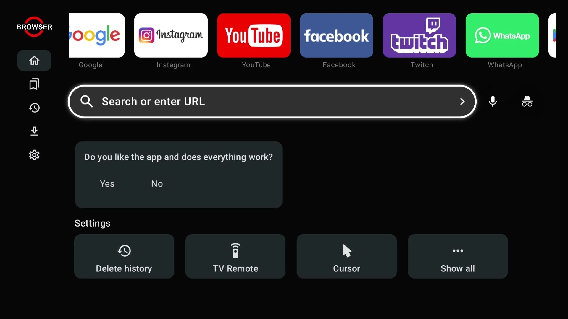 Giao diện ứng dụng trình duyệt web được mở trên Smart TV