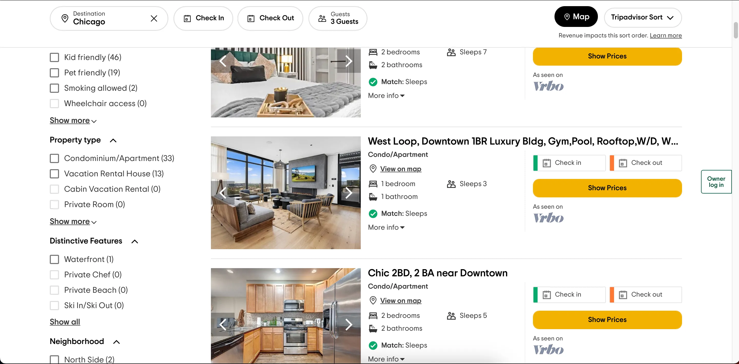 Giao diện ứng dụng Tripadvisor với tùy chọn tìm kiếm nhà nghỉ dưỡng