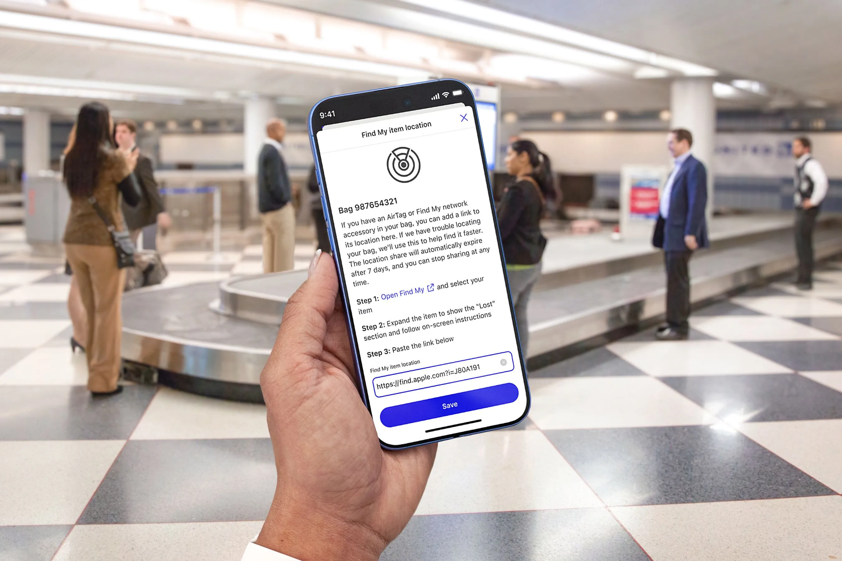 Giao diện ứng dụng United Airlines hiển thị tích hợp AirTag để theo dõi vị trí hành lý bị thất lạc, giúp hành khách và hãng hàng không dễ dàng định vị hành lý.