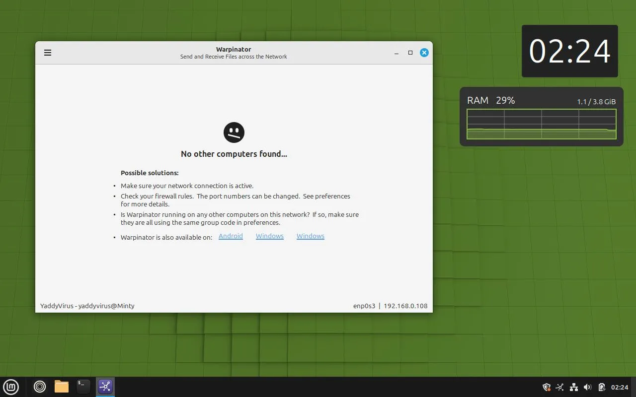 Giao diện ứng dụng Warpinator trên Linux Mint, hiển thị các thiết bị khả dụng để chia sẻ tệp cục bộ.