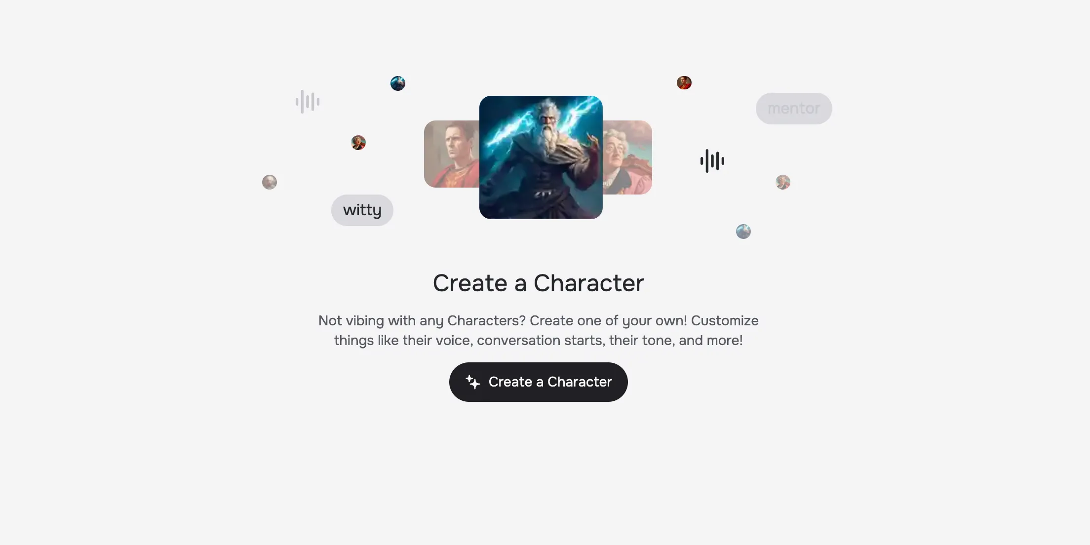 Giao diện ứng dụng web Character.AI hướng dẫn người dùng tạo nhân vật AI của riêng mình, thể hiện tính năng tùy biến bot.