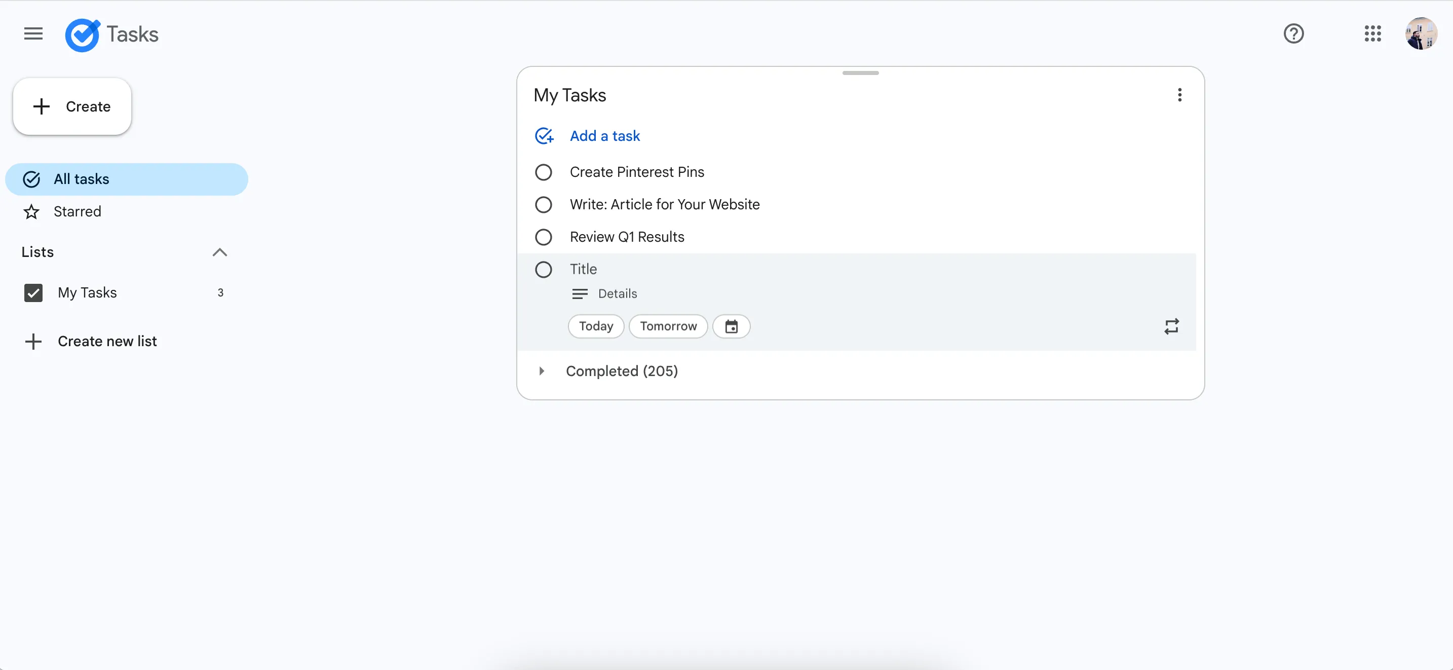 Giao diện ứng dụng web Google Tasks giúp người dùng lập kế hoạch công việc hàng ngày
