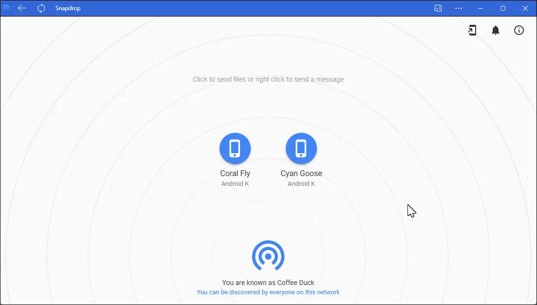 Giao diện ứng dụng web Snapdrop trên Microsoft Edge hiển thị các thiết bị được kết nối trong cùng mạng