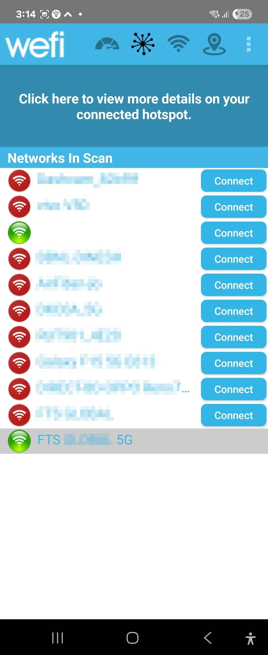 Giao diện ứng dụng WeFi với danh sách các điểm phát Wi-Fi công cộng trên thiết bị Android.