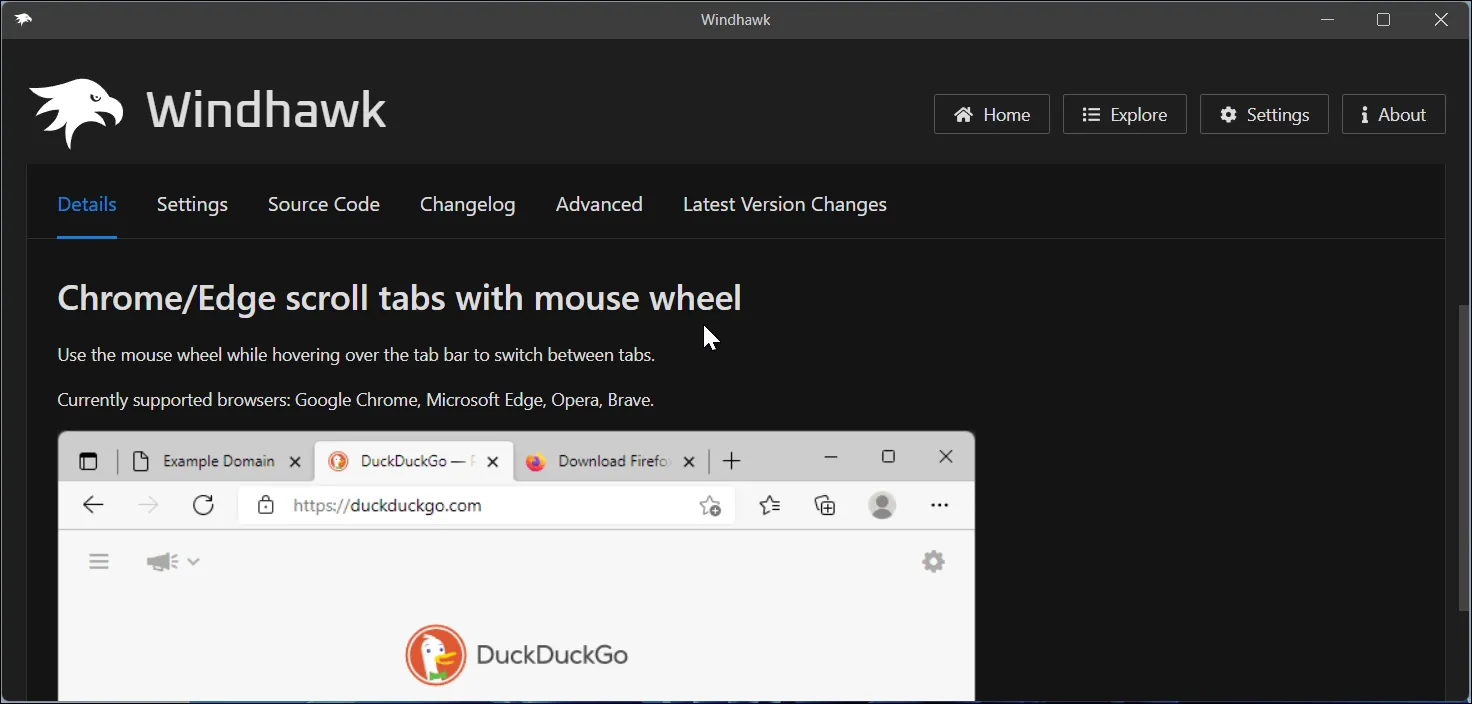 Giao diện ứng dụng Windhawk hiển thị cài đặt mod &quot;Cuộn tab Chrome/Edge bằng con lăn chuột&quot;