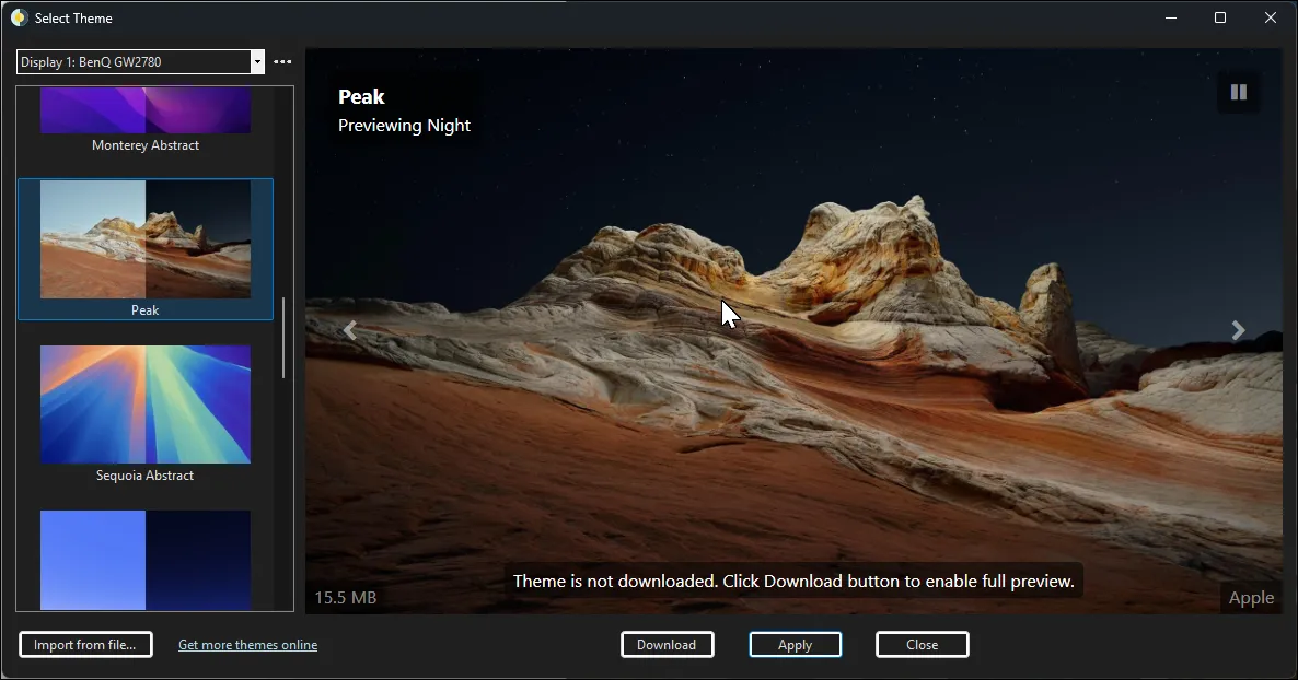 Giao diện ứng dụng WinDynamicDesktop trên Windows hiển thị chủ đề &quot;Peak&quot; được chọn để thiết lập hình nền động