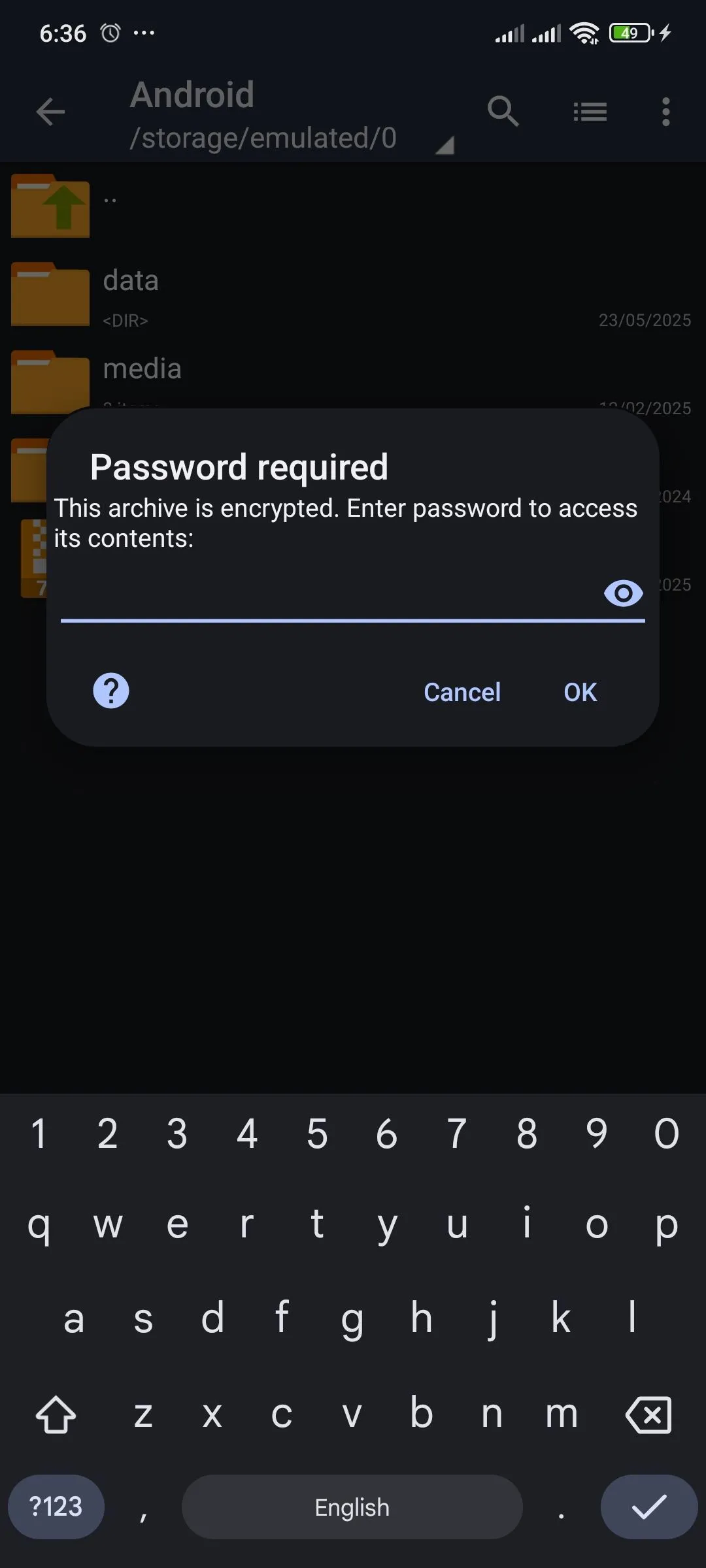 Giao diện ứng dụng ZArchiver trên Android yêu cầu mật khẩu để giải nén tệp tin đã mã hóa bằng 7-Zip, đảm bảo truy cập dữ liệu an toàn trên thiết bị di động