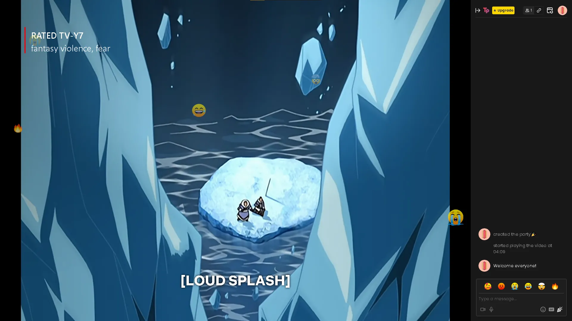 Giao diện watch party Teleparty với phim Avatar: The Last Airbender, bảng chat bên phải và các phản ứng emoji
