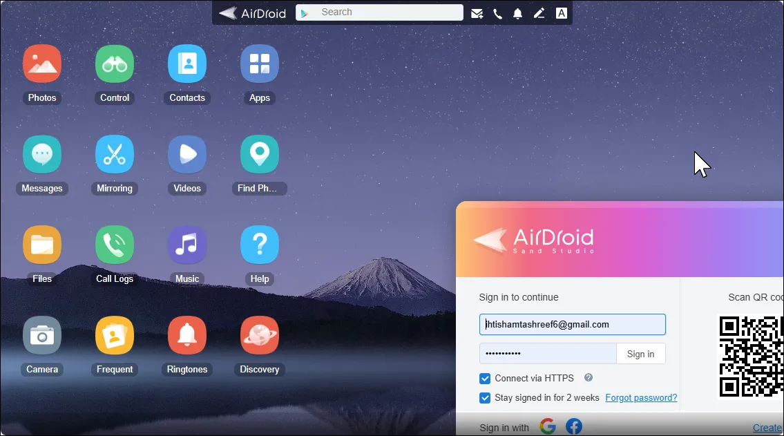 Giao diện web của AirDroid hiển thị các chức năng điều khiển điện thoại Android từ xa trên trình duyệt máy tính