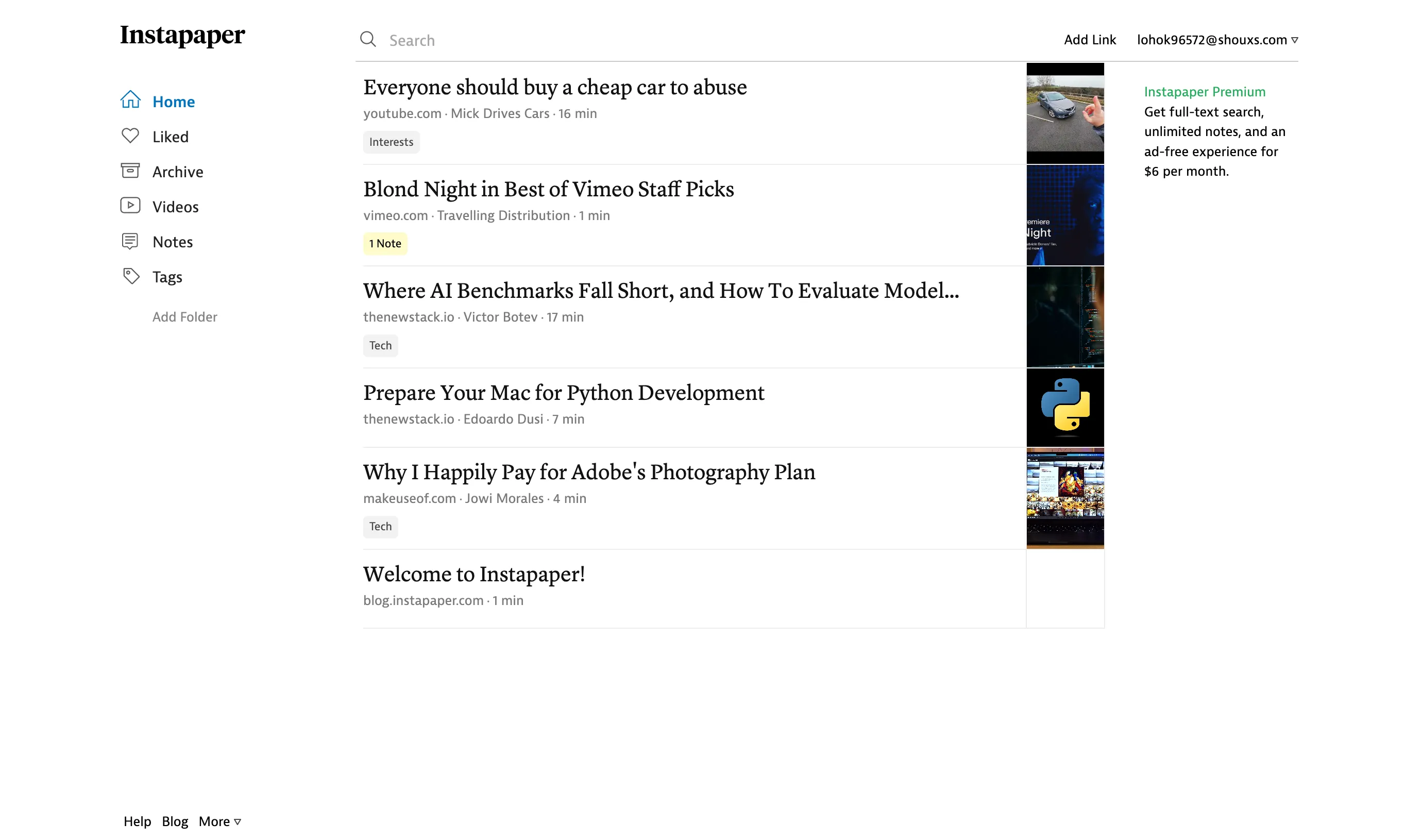Giao diện web của Instapaper, ứng dụng đọc sau và quản lý bookmark đơn giản.