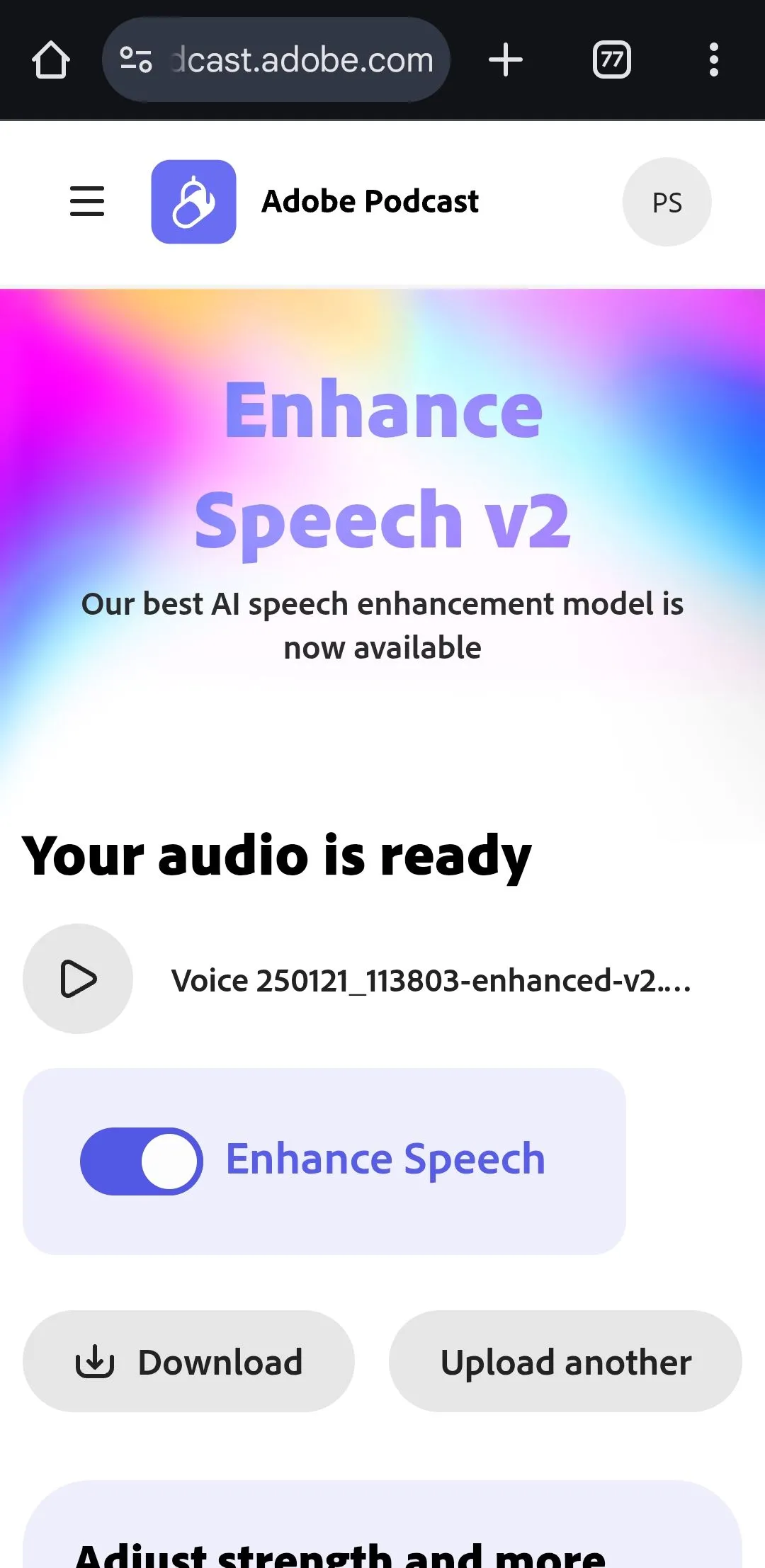 Giao diện website Adobe Enhance Speech với tùy chọn tải xuống file âm thanh đã xử lý trên trình duyệt Chrome Android