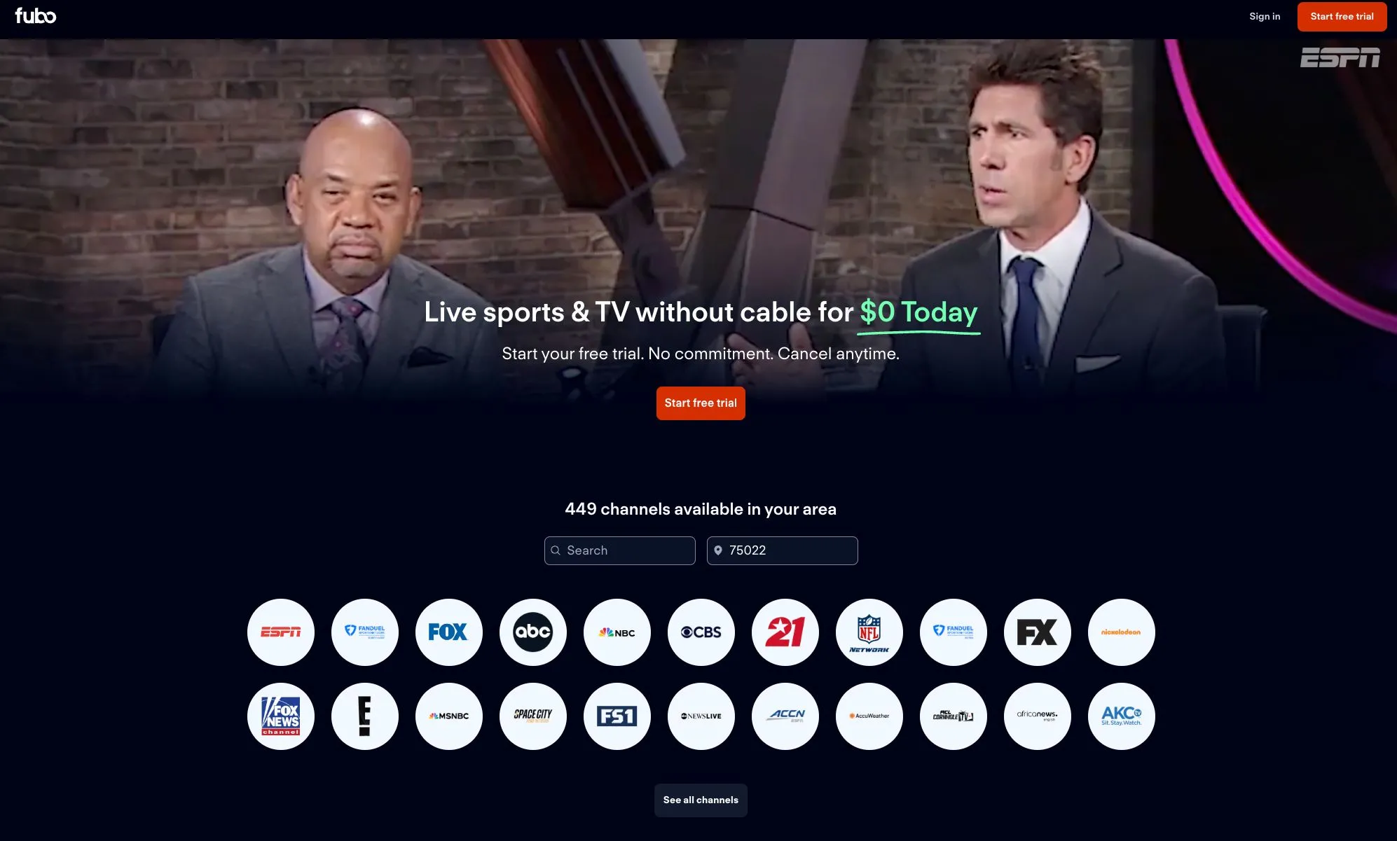 Giao diện website Fubo TV hiển thị các tùy chọn gói cước và dịch vụ live streaming