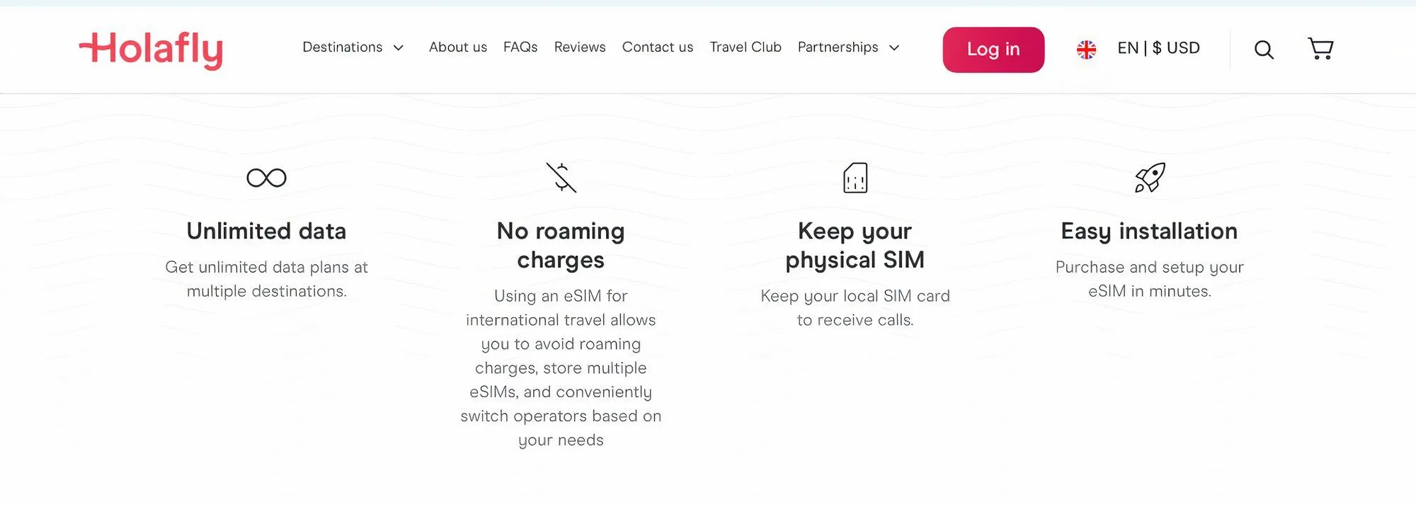 Giao diện website Holafly cung cấp các gói eSIM không giới hạn dung lượng.