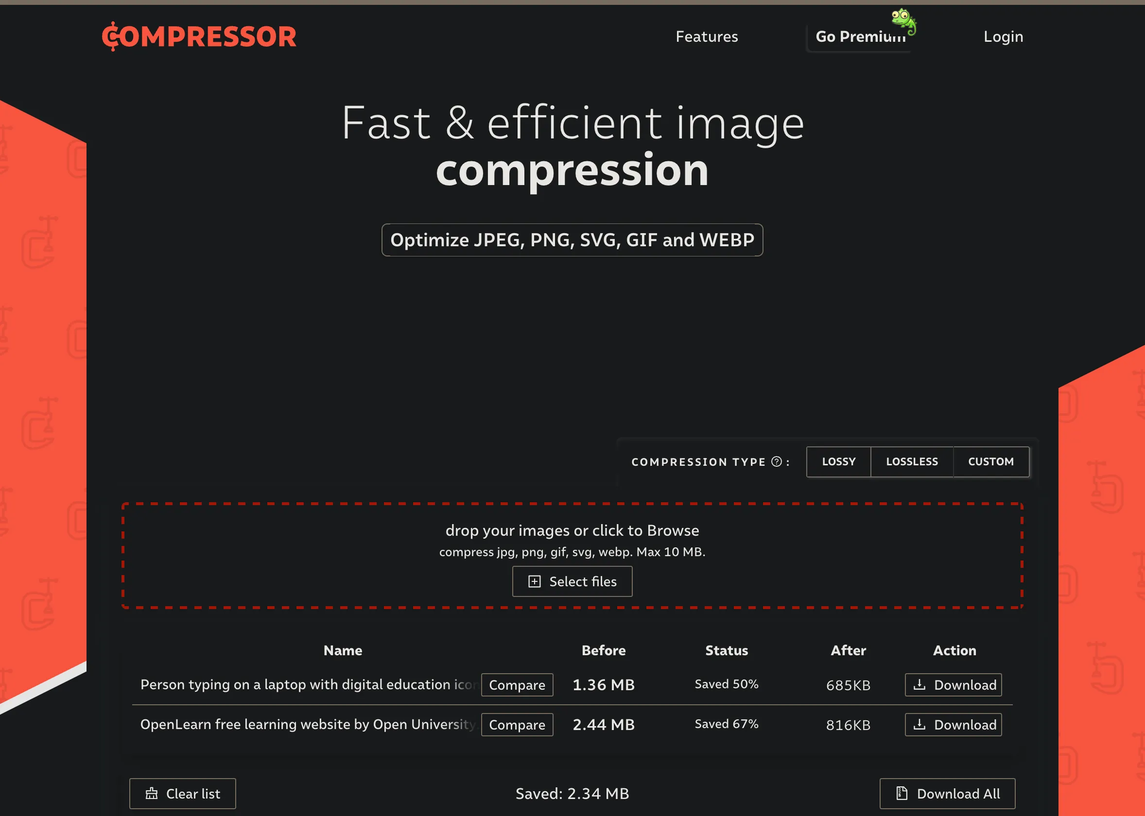 Giao diện website nén hình ảnh của Compressor.io