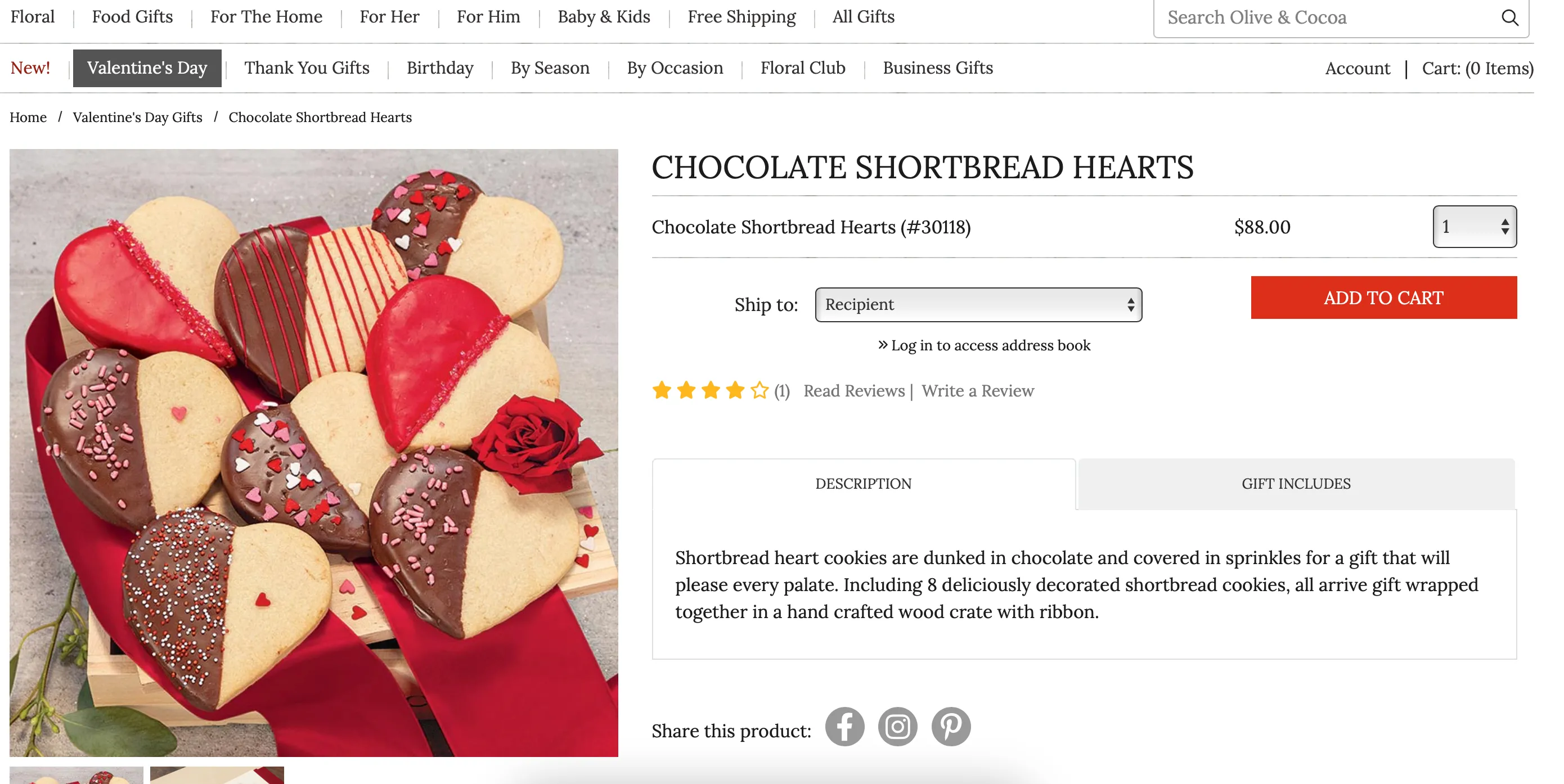 Giao diện website Olive &amp; Cocoa với các lựa chọn quà Valentine sang trọng