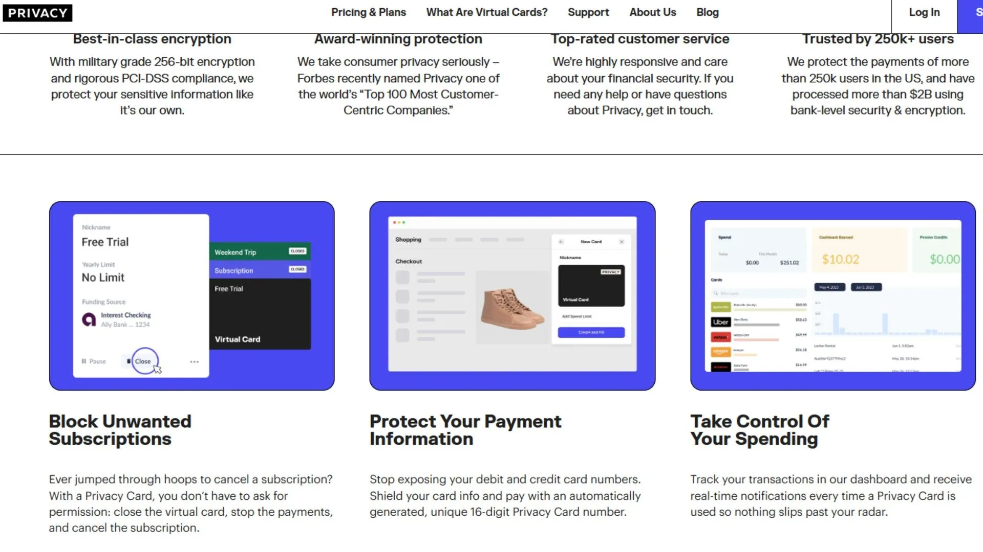 Giao diện website Privacy.com giới thiệu lợi ích của thẻ dùng một lần, một nền tảng tạo thẻ tín dụng ảo uy tín.