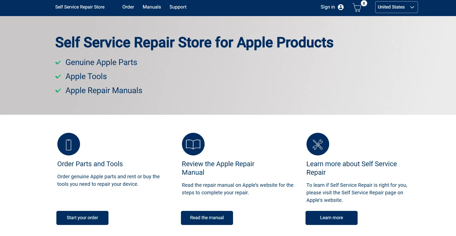 Giao diện website Self-Service Repair của Apple, nơi người dùng có thể đặt mua linh kiện và công cụ chính hãng để tự sửa chữa thiết bị.
