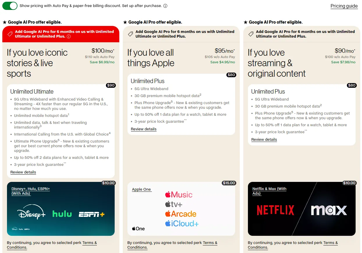 Giao diện website Verizon hiển thị các gói cước di động &quot;không giới hạn&quot; với nhiều mức giá khác nhau