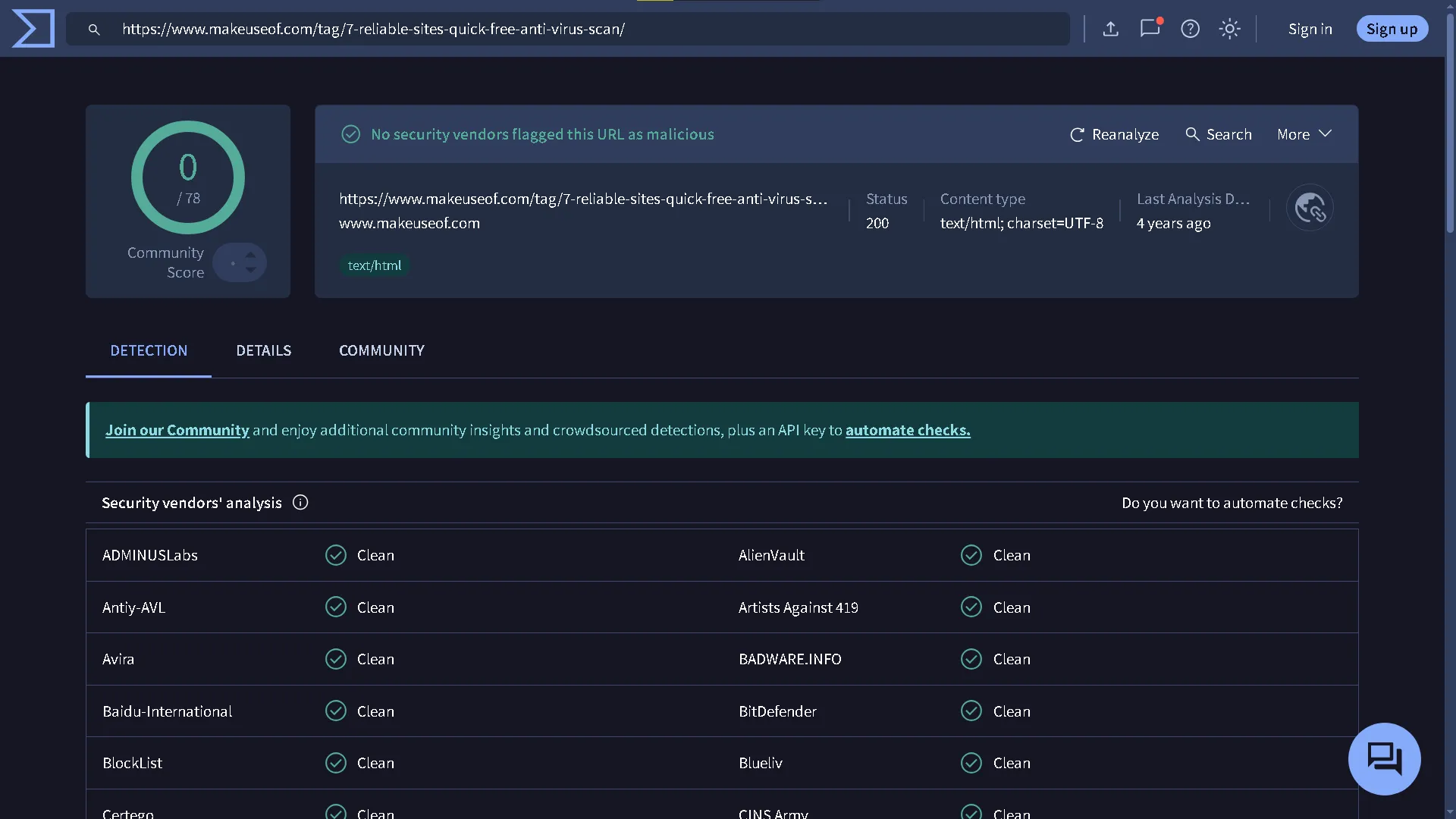 Giao diện website VirusTotal quét một URL để phát hiện virus và mã độc