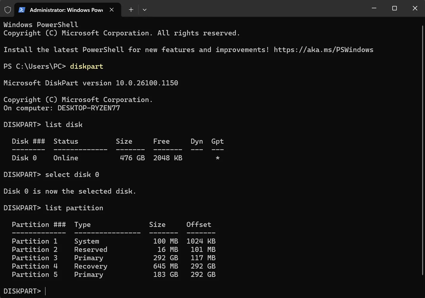 Giao diện Windows PowerShell Terminal hiển thị danh sách các phân vùng ổ đĩa