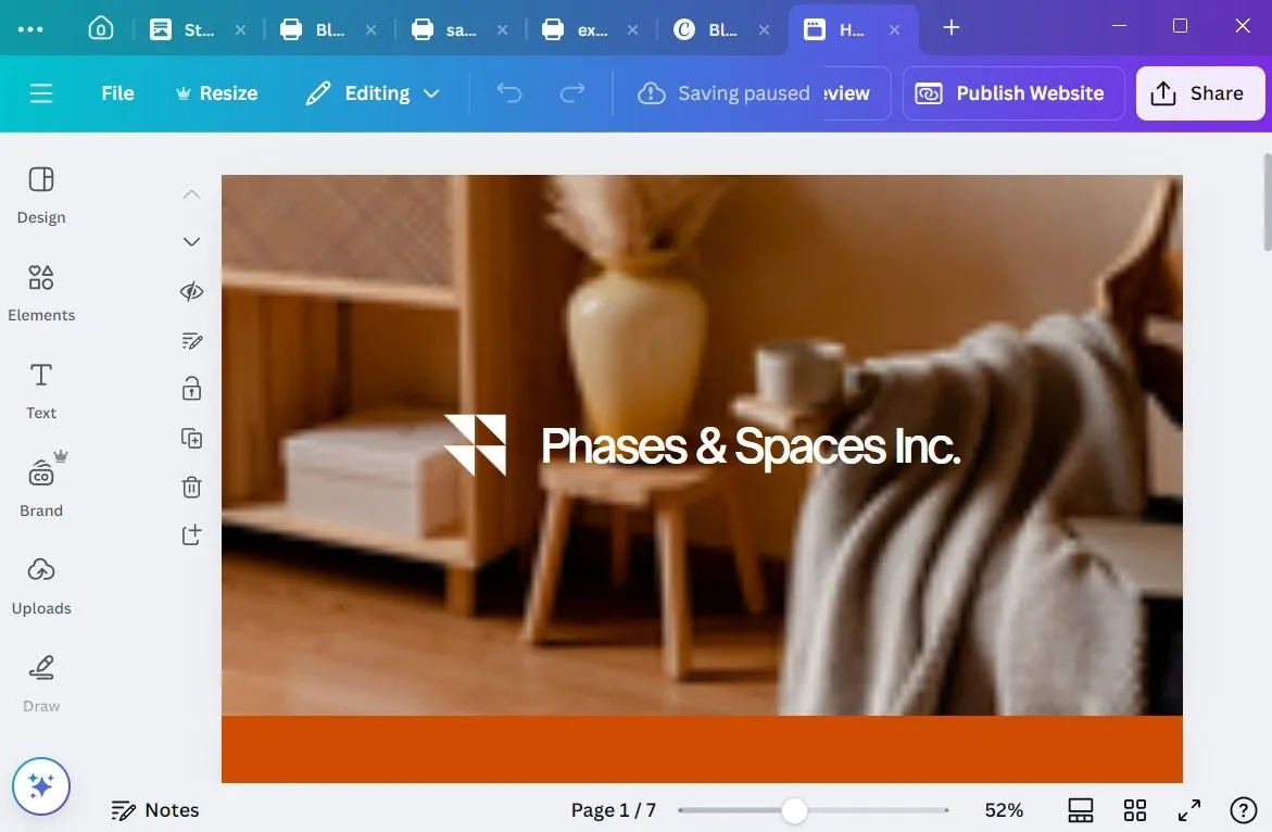 Giao diện xây dựng website miễn phí của Canva, hiển thị mẫu trang web và các công cụ chỉnh sửa