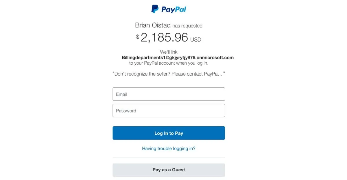 Giao diện yêu cầu tiền lừa đảo PayPal, minh họa chiêu trò liên kết tài khoản