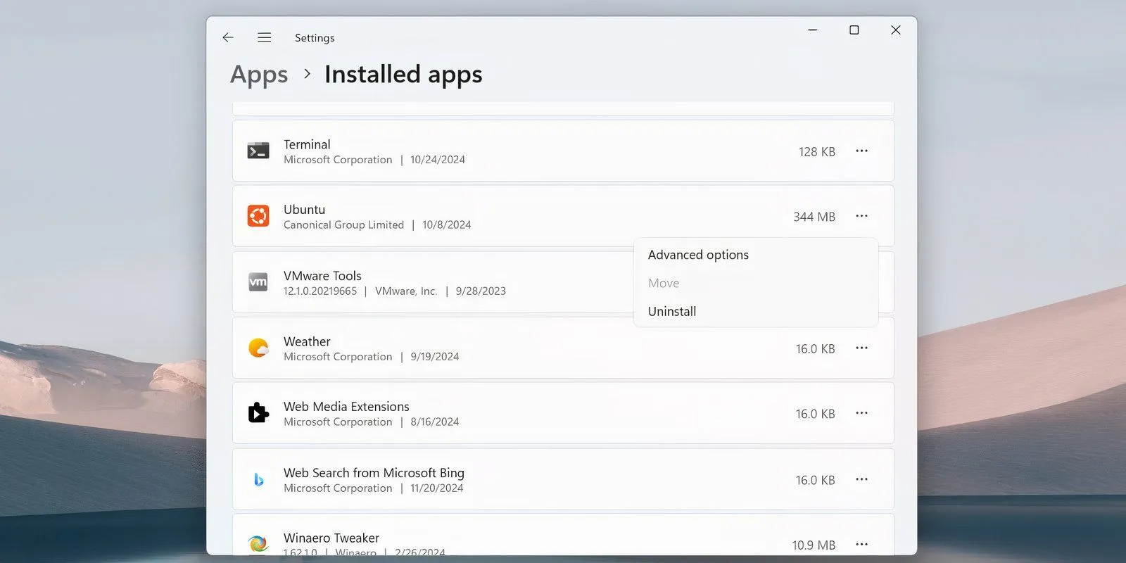 Gỡ cài đặt bản phân phối Ubuntu từ danh sách ứng dụng đã cài đặt trong Cài đặt Windows