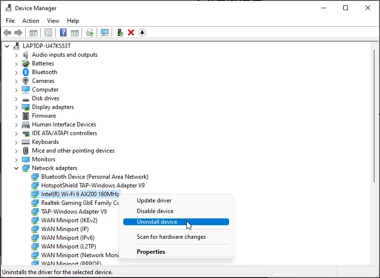 Gỡ cài đặt driver Wi-Fi trong Device Manager trên Windows 11