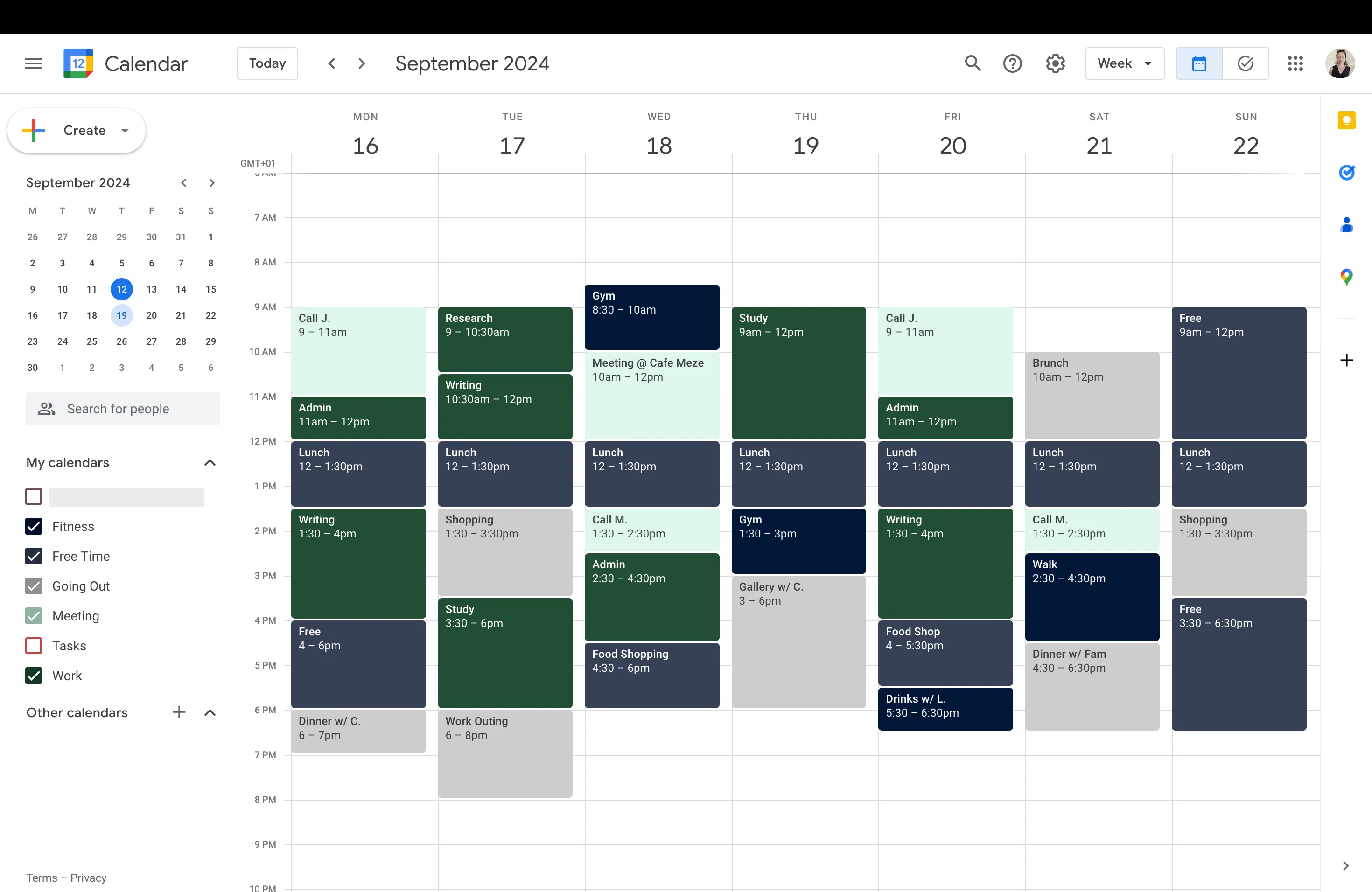 Google Calendar với tông màu tối tùy chỉnh, tạo giao diện thẩm mỹ