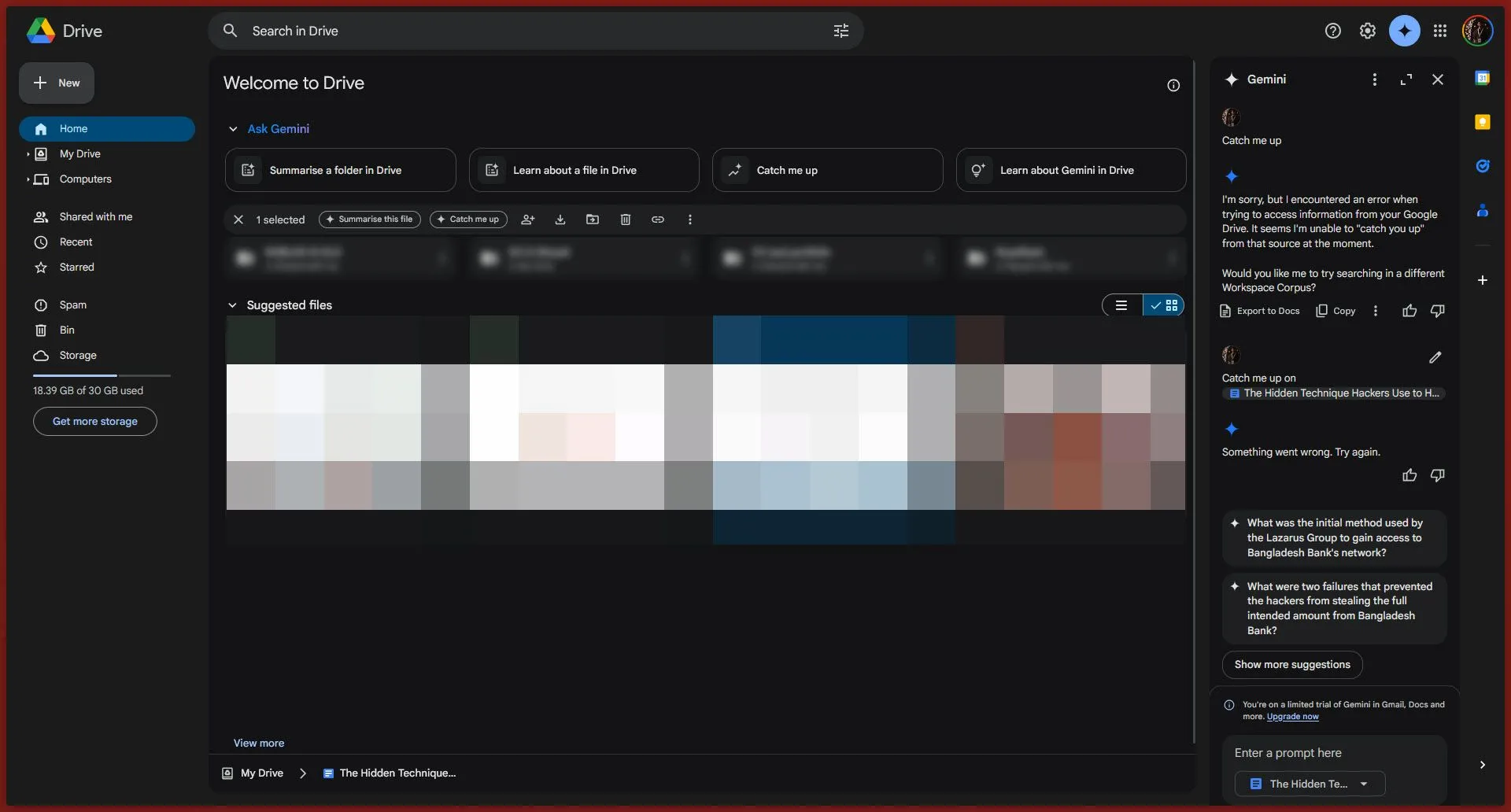 Google Drive với biểu tượng Gemini và tính năng Catch me up